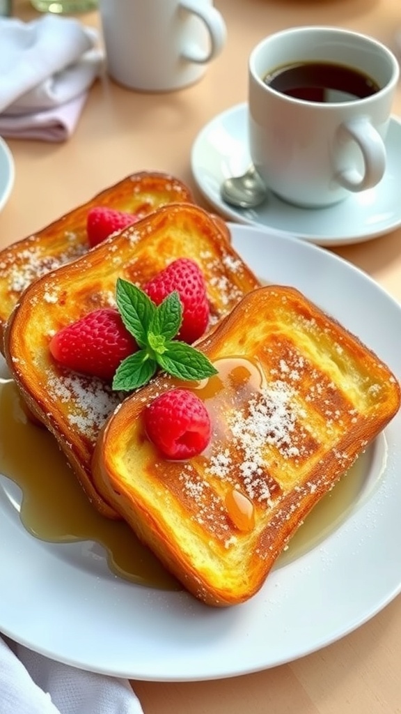 Golden-brown French toast with powdered sugar and berries on a breakfast plate.